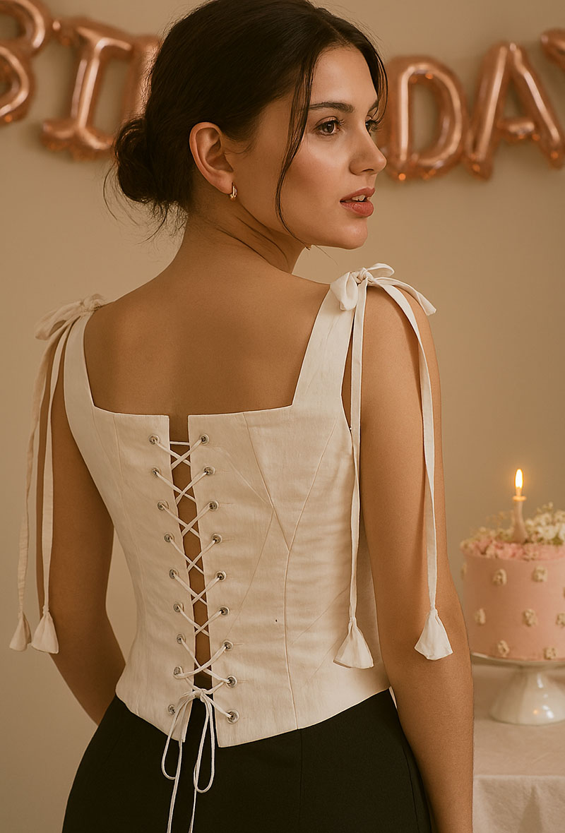 نمای پشت تاپ مجلسی دخترانه یقه خشتی ژاکارد سفید با کاپ و فنر دوزی حرفهای و بندهای قابل تنظیم