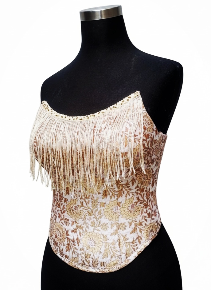 تاپ مجلسی دخترانه دکلته ژاکارد بژ و طلایی با کاپ و فنر دوزی حرفهای