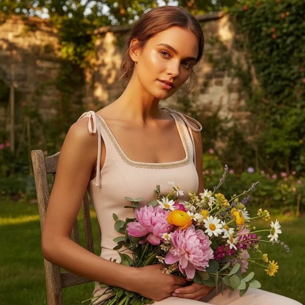 نمای تاپ مجلسی دخترانه کرمی روشن کاپدار با یقه خشتی و بندینک قابل تنظیم